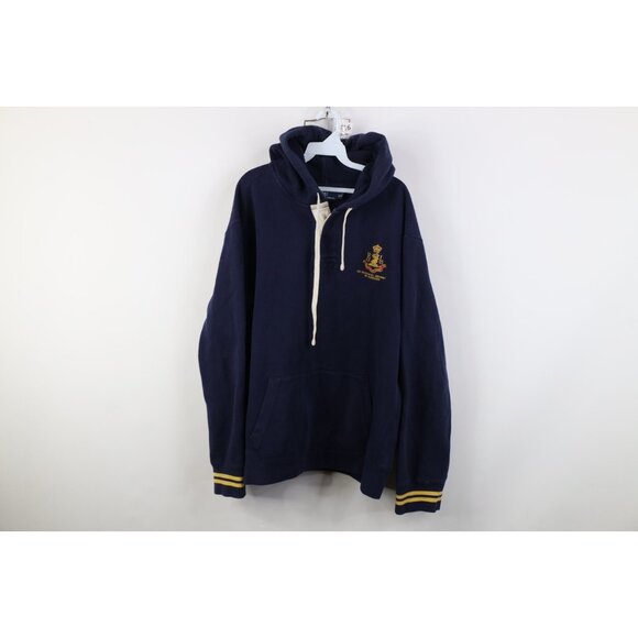Vtg 90s Ralph Lauren Mens 2XL Lion Crest Rugby Hoodie Sweatshirt Blue Striped